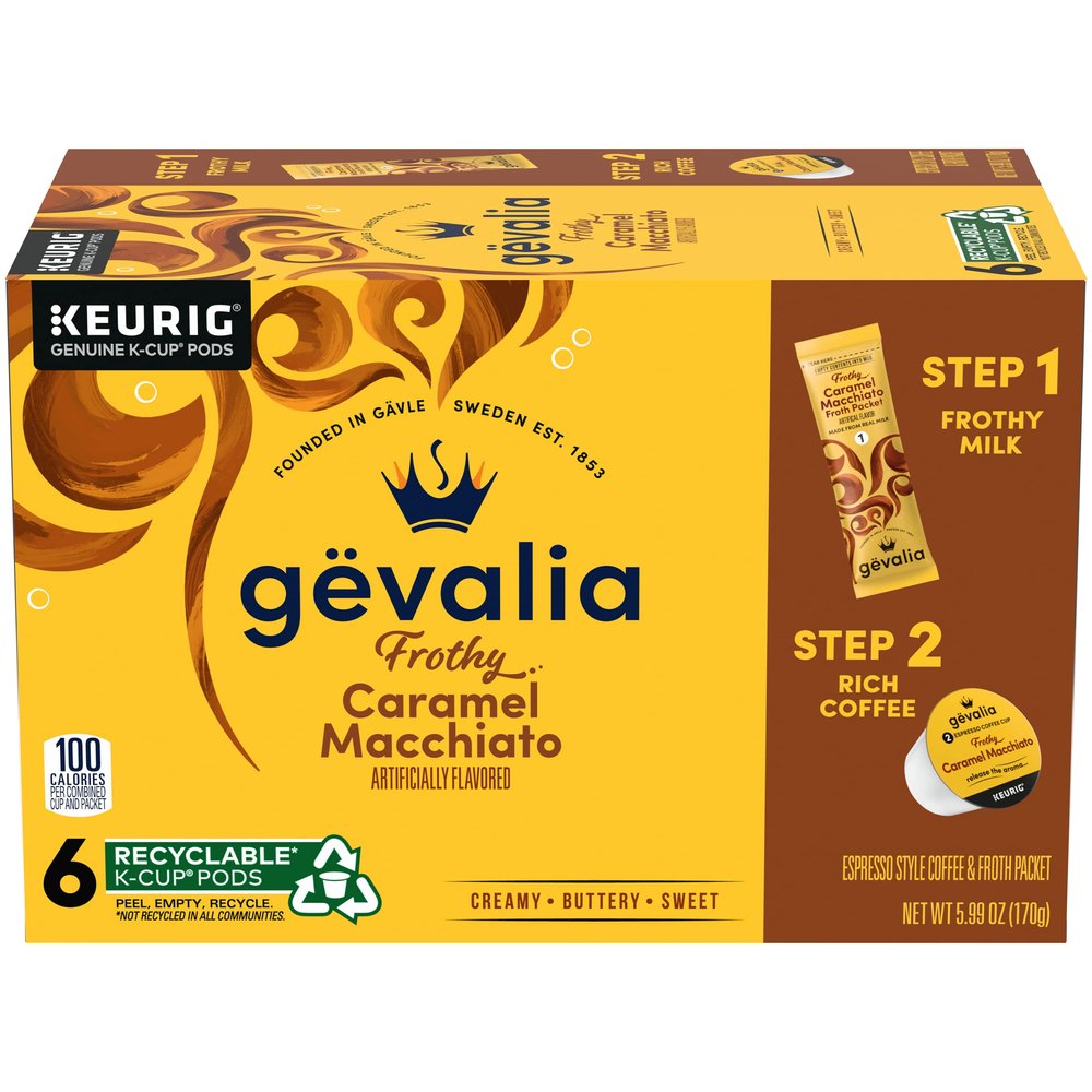 Gevalia Espresso Coffee Cups and Froth Packets, Caramel Macchiato, 6 Count