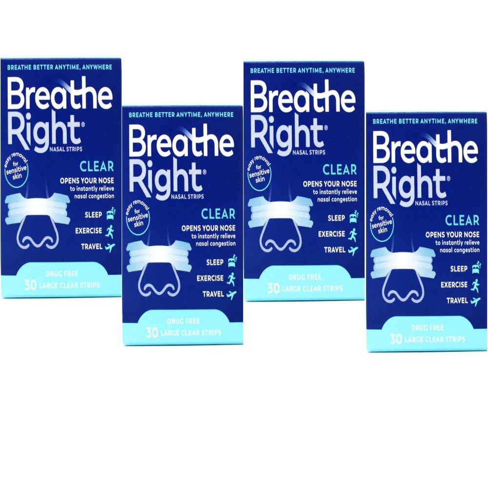 Breathe Right Nasal Strips Clear for Sensitive Skin Large, 30 Count (Pack of 4)