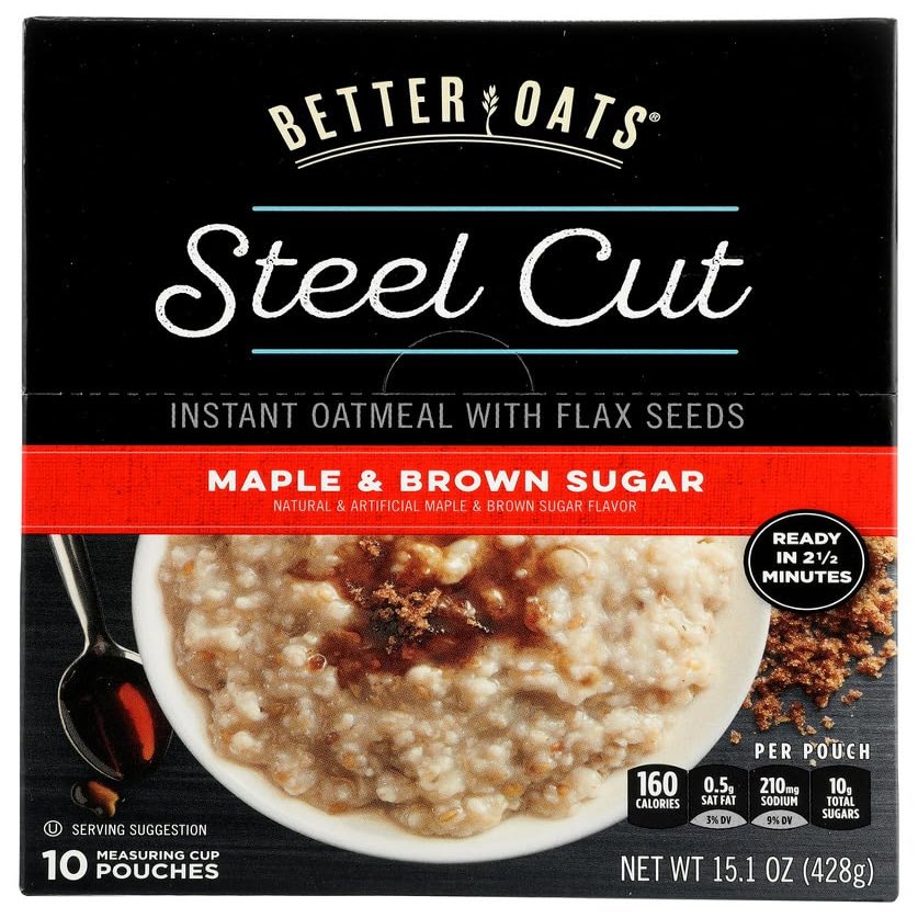 Better Oats Steel Cut MAPLE & BROWN SUGAR Instant Oatmeal, 15.1 Ounce (Pack of 4)