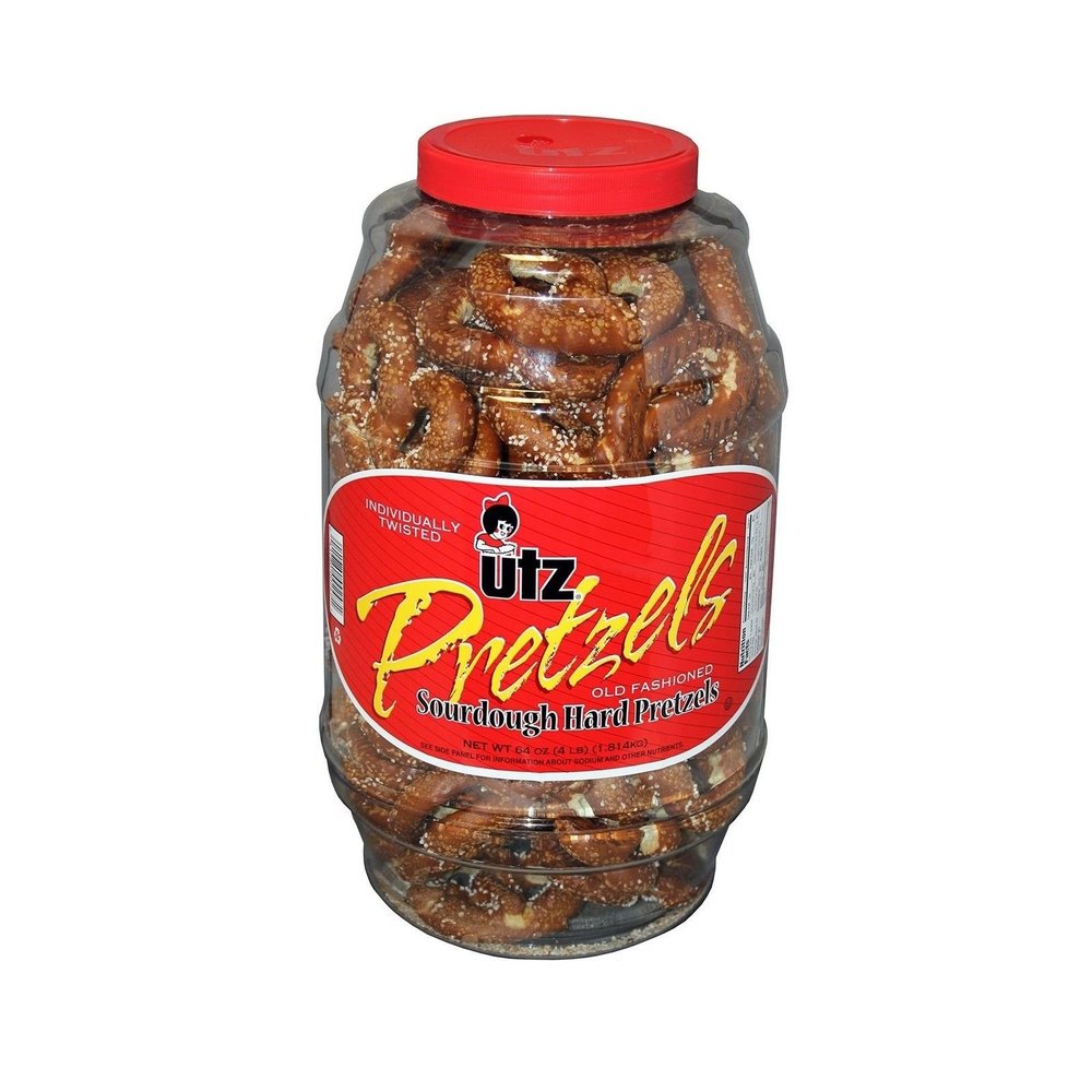 UTZ Old Fashioned Broken Sourdough Hards Pretzels  64 oz Barrel  Big and Thick Classic Pretzel Knot Twist, Crunchy Sourdough Pretzel with Zero Cholesterol, 4 Pound (Pack of 1)