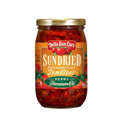 Bella Sun Luci Sun Dried Tomatoes Julienne Cut in Olive Oil, 16Oz Glass Jar, Mediterranean Italian Style SunRipened Tomatoes in Oil, Kosher, Vegan, GlutenFree, Pasta Pizza Salad Ingredient, Premium Pantry