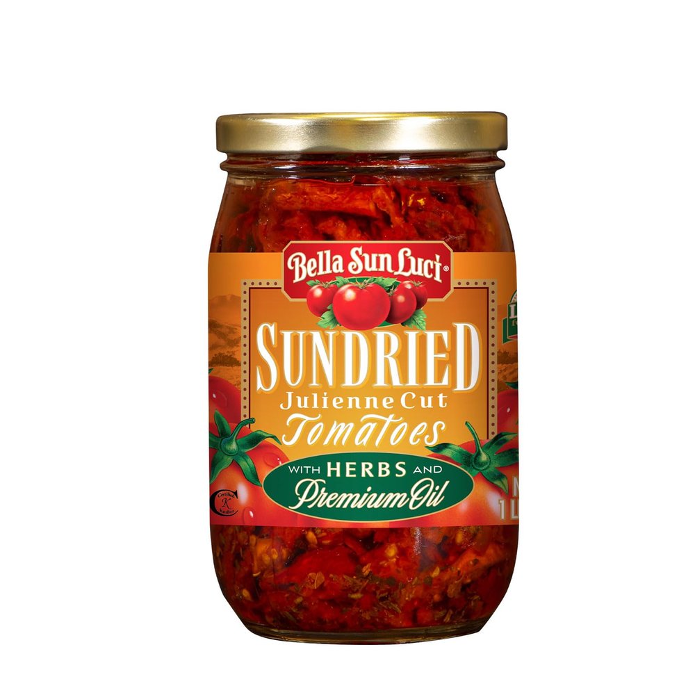 Bella Sun Luci Sun Dried Tomatoes Julienne Cut in Olive Oil, 16Oz Glass Jar, Mediterranean Italian Style SunRipened Tomatoes in Oil, Kosher, Vegan, GlutenFree, Pasta Pizza Salad Ingredient, Premium Pantry