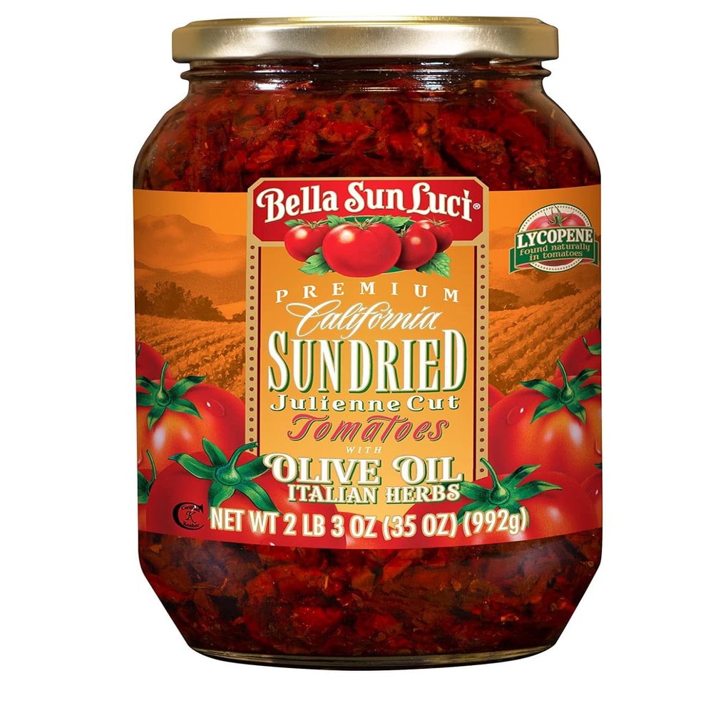 Bella Sun Luci Sun Dried Tomatoes Julienne Cut in Olive Oil, 35Oz Glass Jar, Mediterranean Italian Style Sun-Ripened Tomatoes, Kosher, Vegan, Gluten-Free, Premium Pantry Ingredient for Pasta, Pizza & Salads