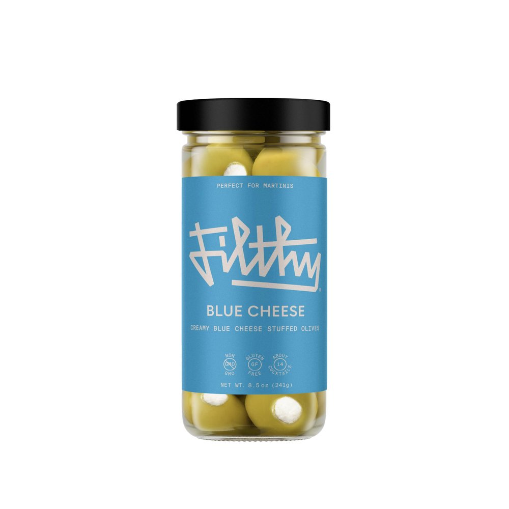 Filthy Blue Cheese Stuffed Olives, Premium Cocktail Garnish, Blue Cheese Stuffed Olives, Naturally Cured Queen Olives Stuffed With Real Wisconsin Blue Cheese for Martinis, 8.5 Oz Jar, 14 Olives