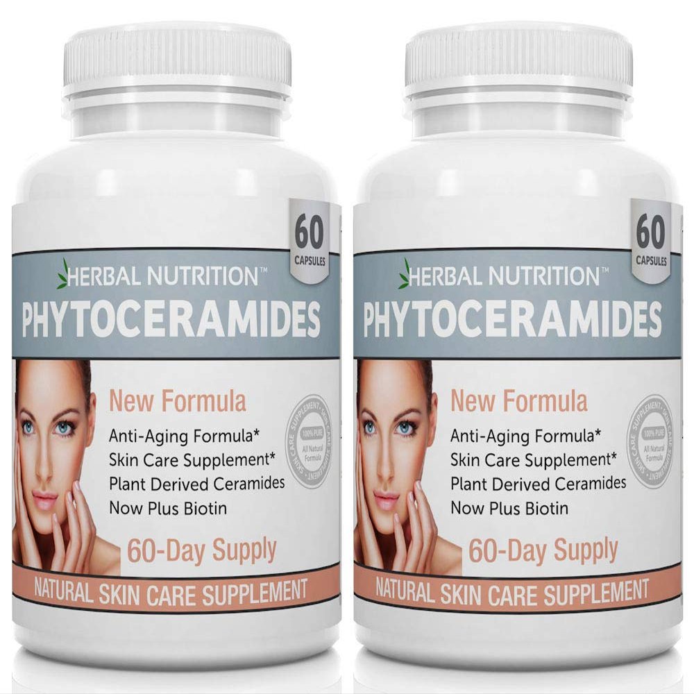 Phytoceramides Rice Based with Biotin Anti Aging Supplement, Wrinkle Remover and Facial Moisturizing with Phytoceramides Vitamin A, C, D and E, Two Bottle Pack, 120 Capsules 40mg, Gluten Free