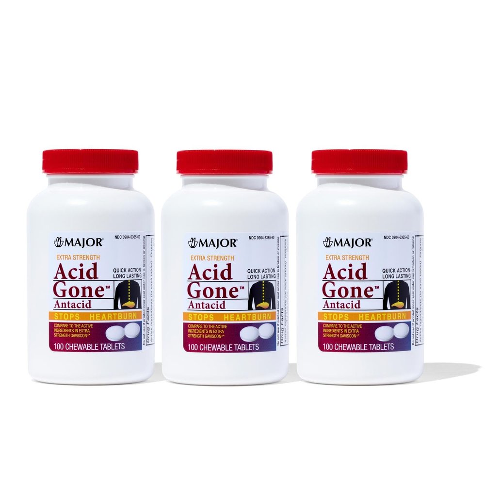 Major Acid Gone Extra Strength Antacid Chewable Tablets - Anti-Acid Relief - Acid Reflux Medicine for Adults - Upset Stomach, Acid Indigestion, and Heartburn Relief - Long-Lasting - 100 Count (3 Pack)