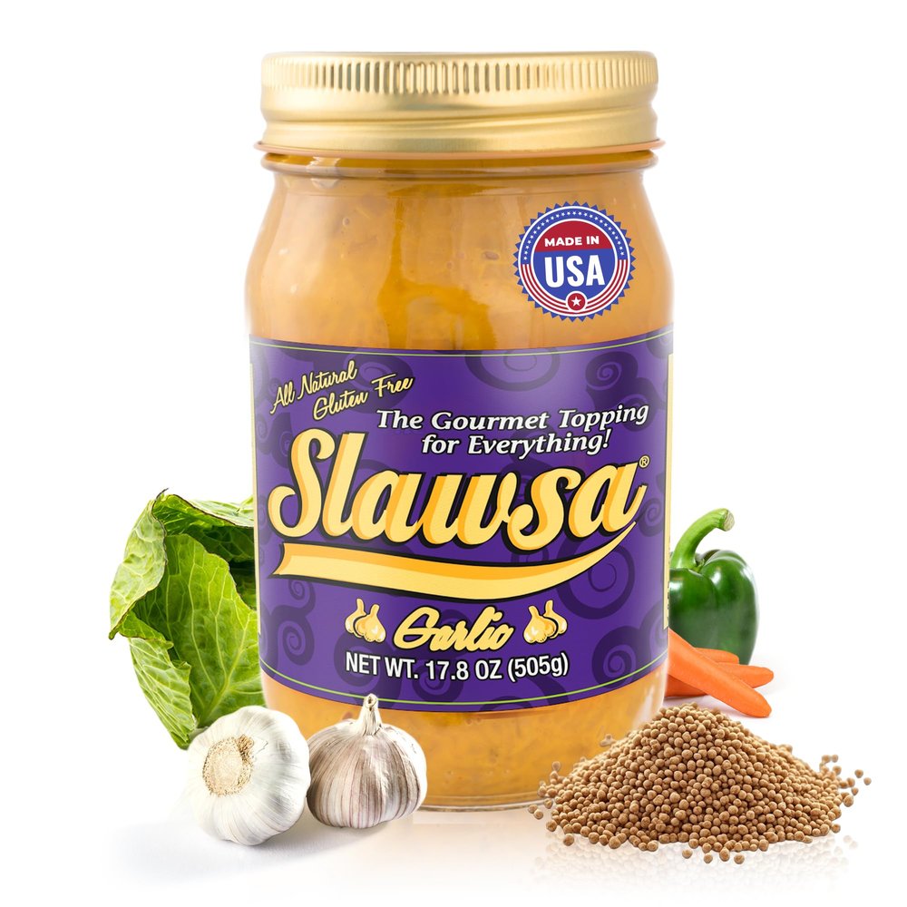Garlic Burger Relish 17.8 oz  Slawsa Gourmet Cabbage Topping with Real Garlic | Gluten-Free, Vegan, All-Natural