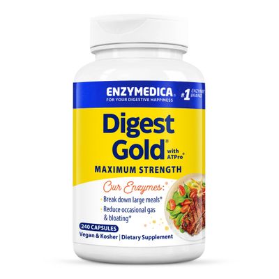 Enzymedica Digest Gold + ATPro, Maximum Strength Enzyme Formula, Prevents Bloating and Gas, 14 Key Enzymes Including Amylase, Protease, Lipase and Lactase, 240 Capsules