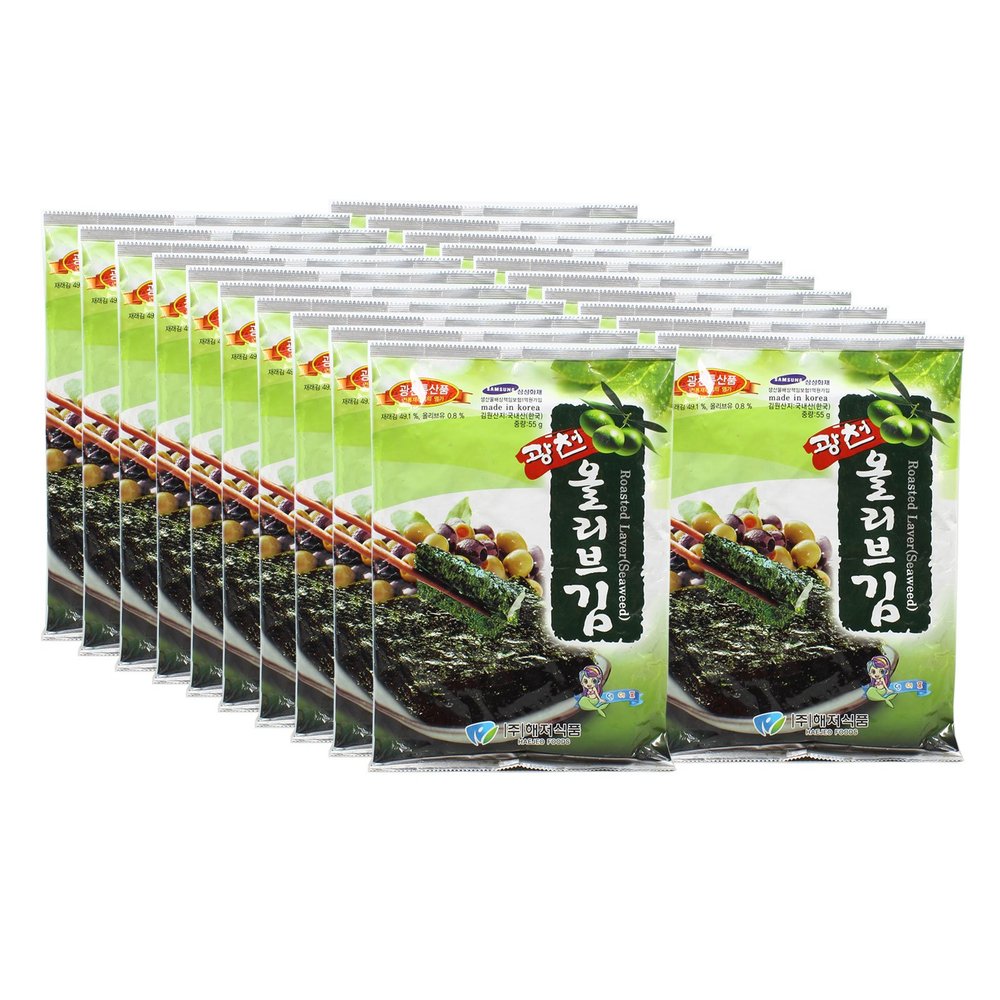 Fresh Korean Seaweed Laver Gimbab, Sushi Nori Snacks, Roasted with Olive Oil, 20 Large Packs