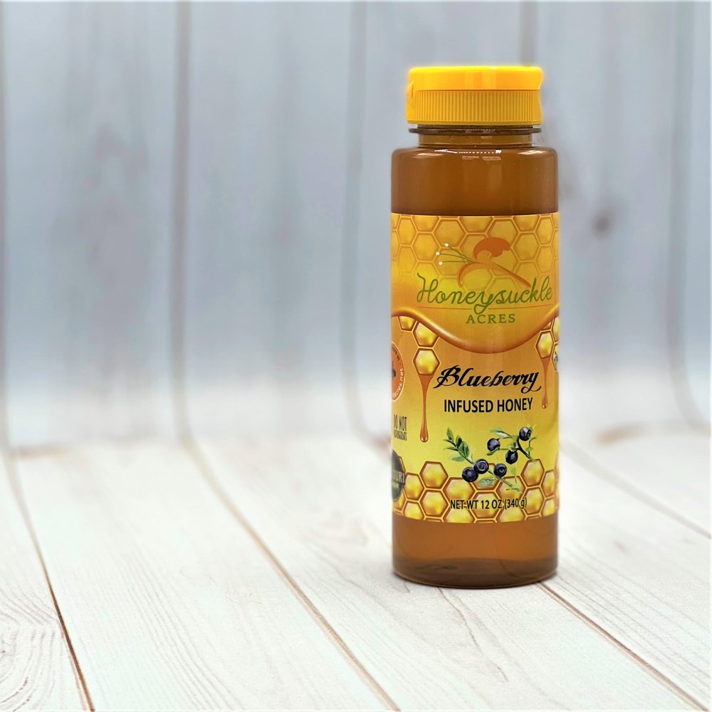 Blueberry Honey - Organically Flavored Raw Honey - Squeeze Bottle (Net Wt 12 oz) - NEW Size