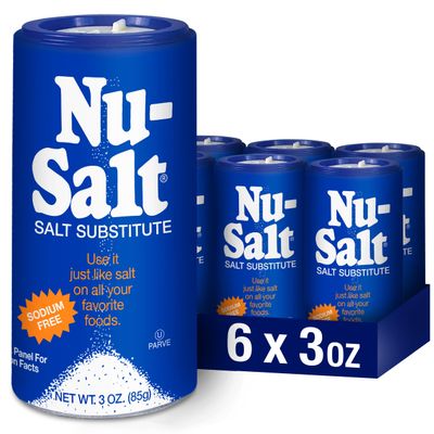 Nu-Salt Sodium-Free Salt Substitute, Contains Potassium Chloride, Table Salt Alternative, Vegan, Good for Chips, Pretzels, French Fries, Popcorn Seasoning, 3oz Shaker Bottle (Pack of 6)