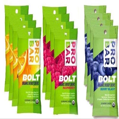 Probar Bolt Organic Energy Chews Set Mixed Berry, Orange and Raspberry - Four of Each Flavor, Box of 12