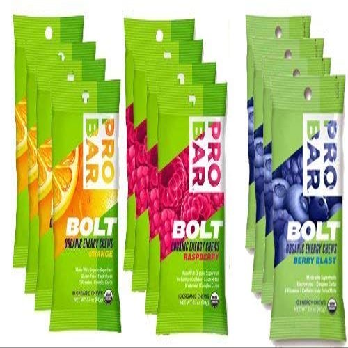 Probar Bolt Organic Energy Chews Set Mixed Berry, Orange and Raspberry - Four of Each Flavor, Box of 12