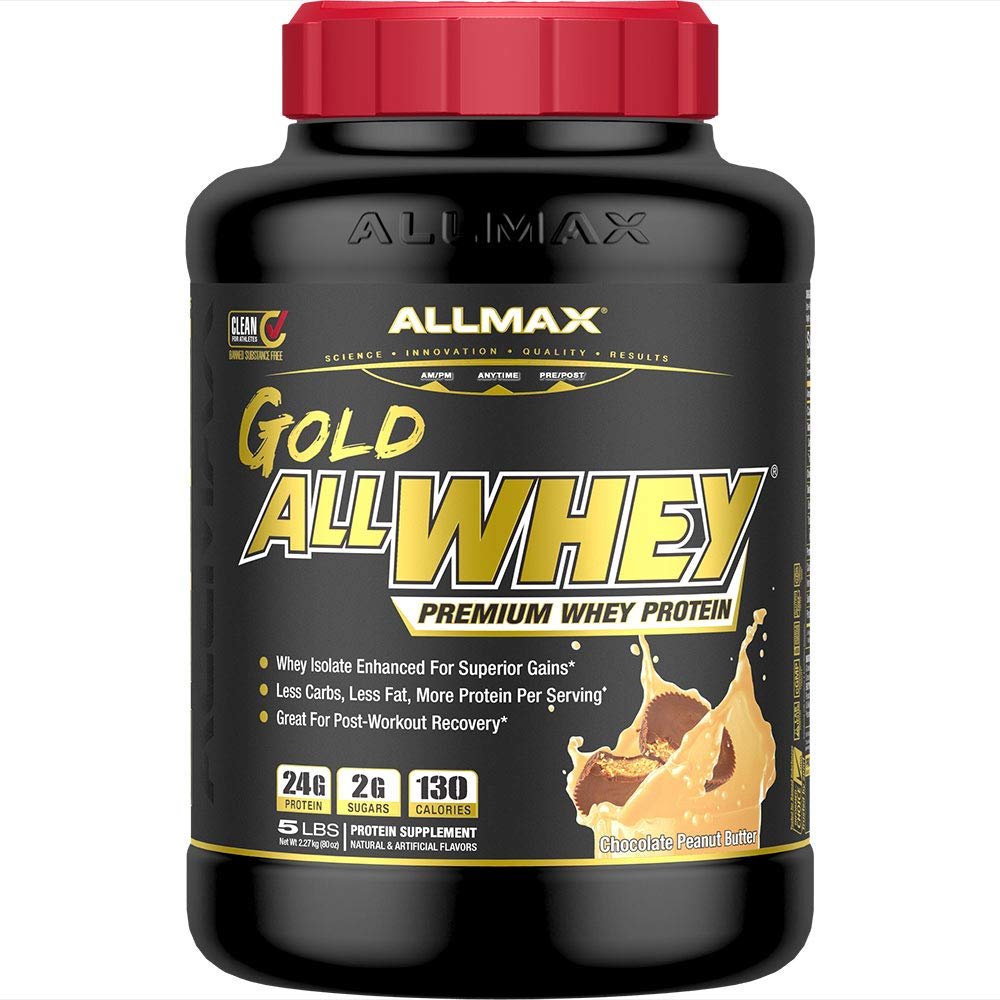 ALLMAX Gold ALLWHEY, Chocolate Peanut Butter - 5 lb - 24 Grams of Protein Per Scoop - Gluten Free, Low Carb & Low Sugar - Approx. 71 Servings