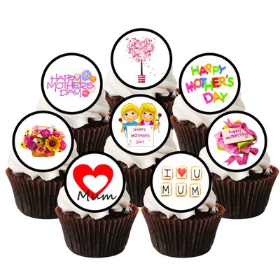 24 Pink Edible Flower Mothers Day Cupcake Toppers, Elegant Wafer Card Cake Decor for Women, Happy Mothers Day Decorations, Flower Cookie Decorations For Women, 4cm / 1.5 inch