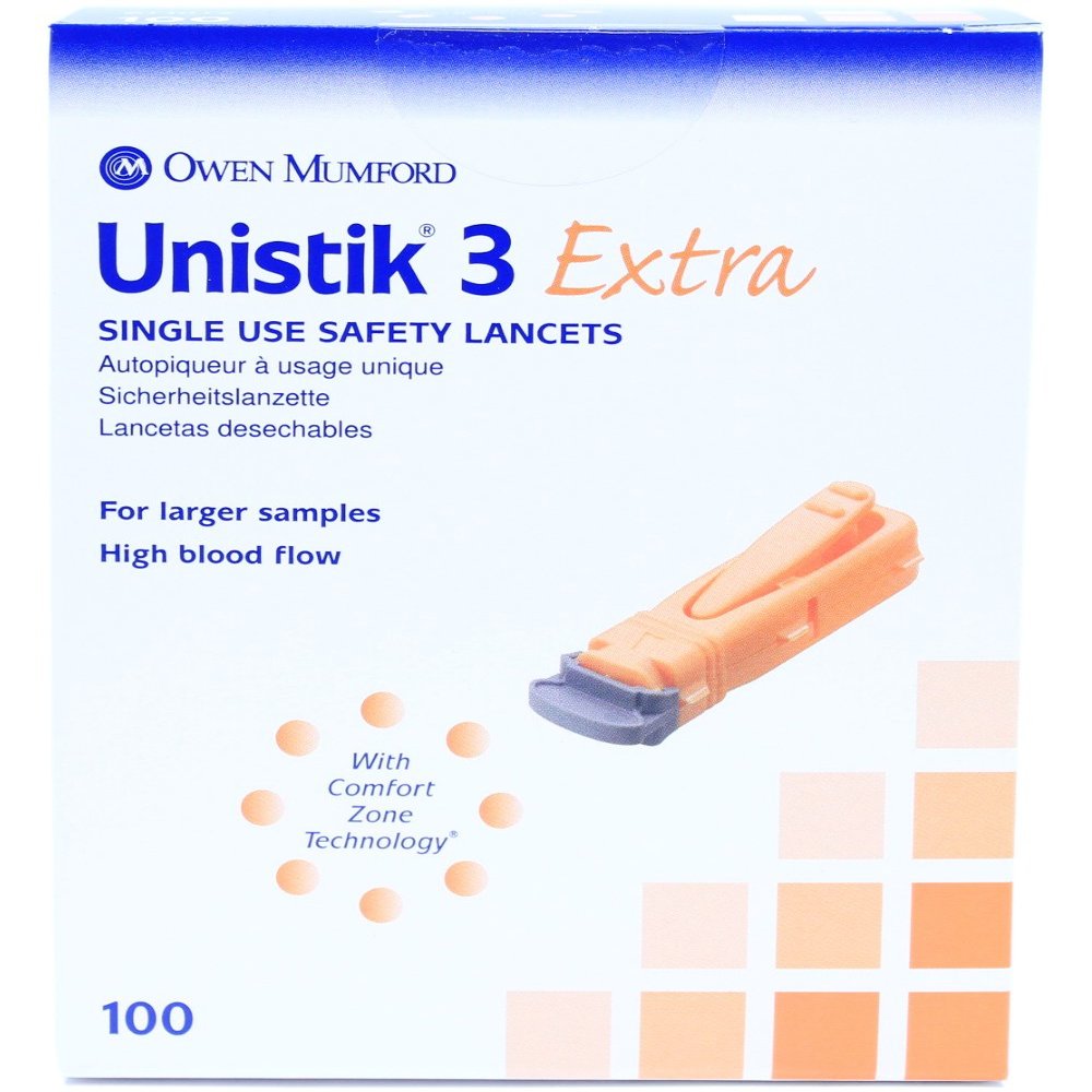 Unistik 3 Extra Safety Lancets - Box of 100-21G with 2mm Penetration Depth