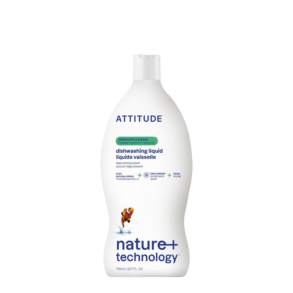 ATTITUDE Dish Soap, EWG Verified, Plant-Based & Vegan Dishwashing Liquid, Naturally Derived, Green Apple and Basil Scent, 23.7 Fl Oz
