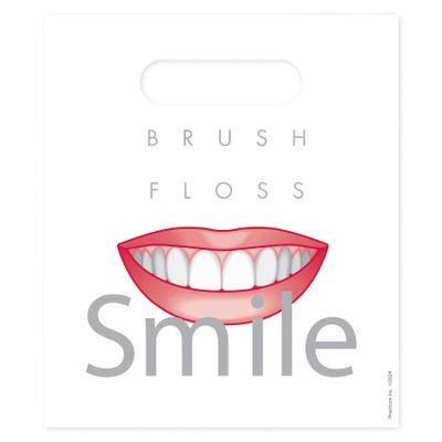 Practicon Brush Floss & Smile 7-3/4" x 9" Dental Giveaway Bag, Dental Hygiene Patient Care Goodie Bag, Dentist Office Plastic Gift Bags, 100 Pack