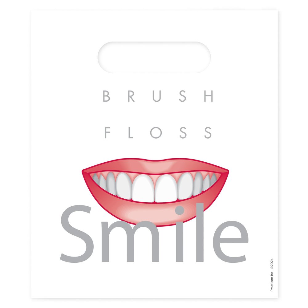 Practicon Brush Floss & Smile 7-3/4" x 9" Dental Giveaway Bag, Dental Hygiene Patient Care Goodie Bag, Dentist Office Plastic Gift Bags, 100 Pack