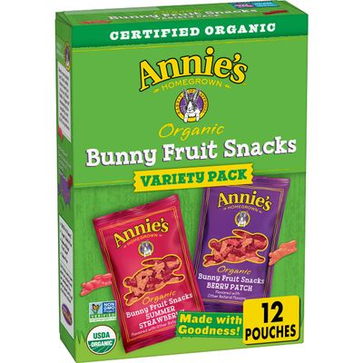 Annie's Homegrown Organic Bunny Fruit Snacks, Variety Pack, 12 Pouches, 9.6 oz Box