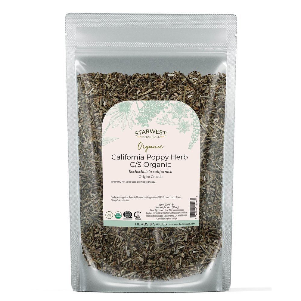 Starwest Botanicals Dried California Poppy Herb Organic - Loose Leaf, Use for Tea, Natural Herbal Blends, & Tinctures, Cut & Sifted, Certified Kosher, Non-GMO - 4 oz Pouch