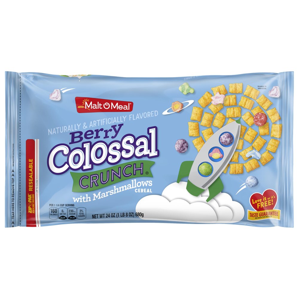 Malt-O-Meal Berry Colossal Crunch with Marshmallows Breakfast Cereal, Crunchy Corn and Oat Cereal with Sweet Berry Flavor and Marshmallow Bits, Large Cereal for Family, 24 OZ Resealable Cereal Bag