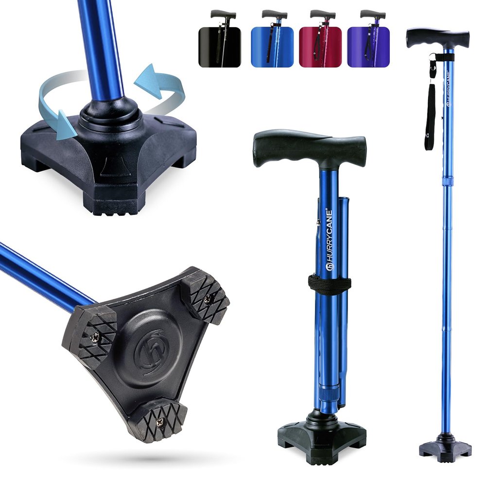 HurryCane Freedom Edition Foldable Walking Cane With T Handle - Enhanced Mobility Support - Patented SteadiGrip Base - Adjustable Height - Lightweight Foldable Design - Blue
