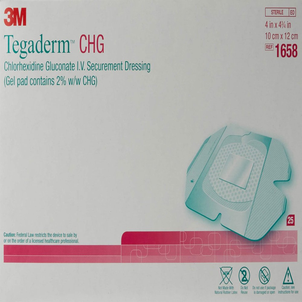 3M Tegaderm CHG Chlorhexidine Gluconate I.V. Securement Dressing 1658, 25/Carton 4 Cartons/Case