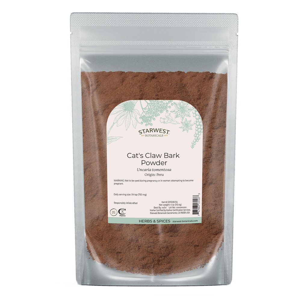 Starwest Botanicals Cat's Claw Bark Powder Wildcrafted - Dried Cat's Claw Herb for Tea, Herbal Blends, Smoothies, & Baking, Certified Kosher - 4 oz Pouch