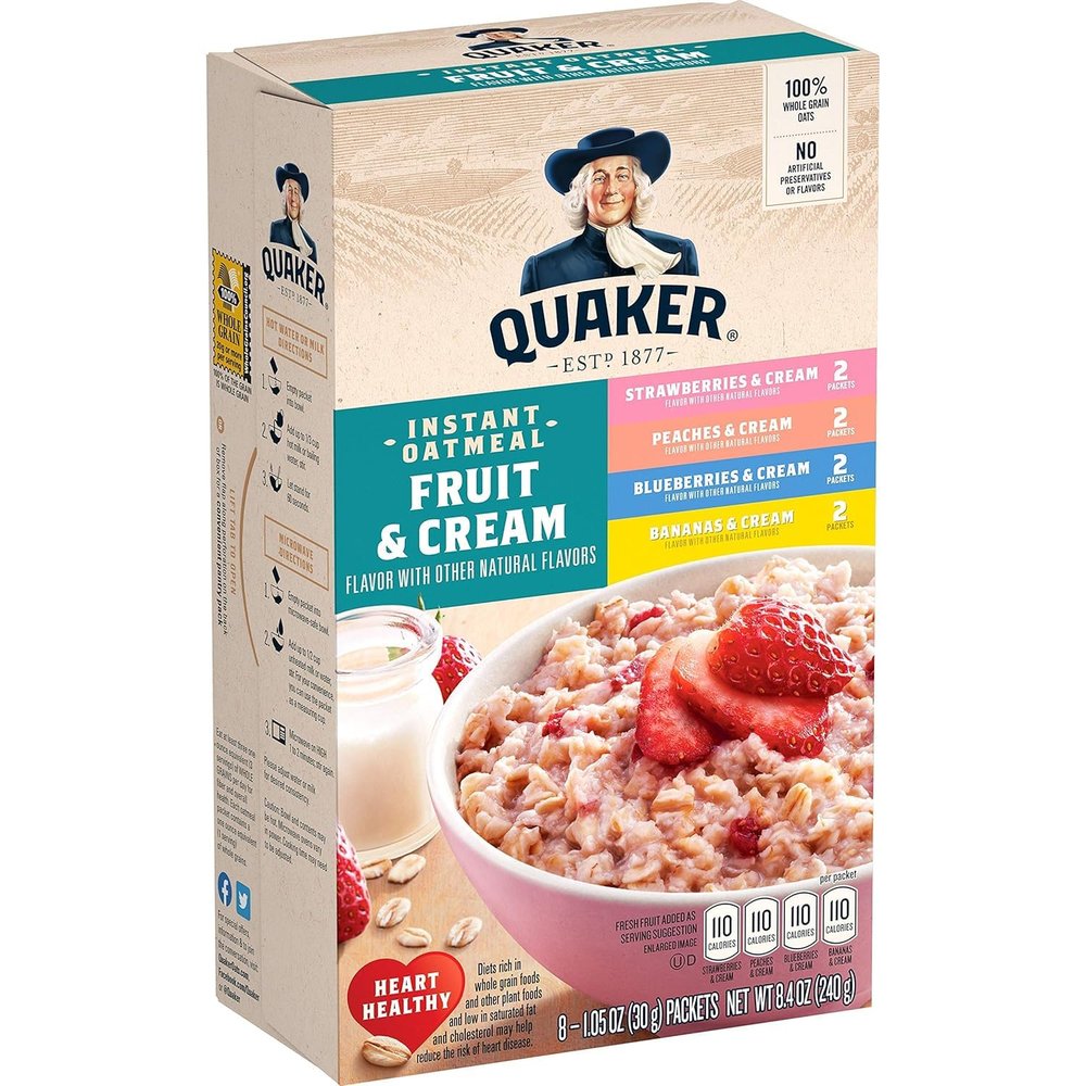 Quaker Instant Oatmeal, Fruit & Cream Variety Pack, 8 Count(Pack of 1)
