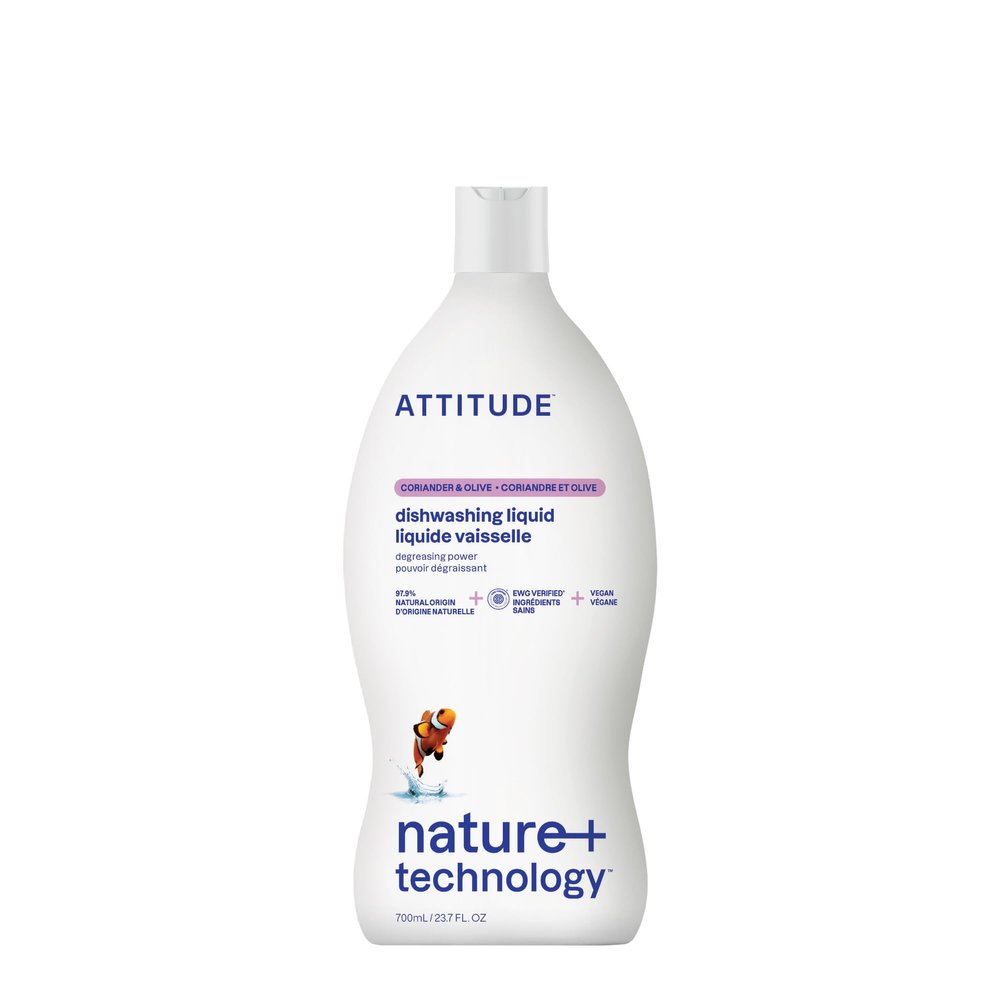 ATTITUDE Dish Soap, EWG Verified, Plant-Based & Vegan Dishwashing Liquid, Naturally Derived, Olive and Coriander Scent, 23.7 Fl Oz