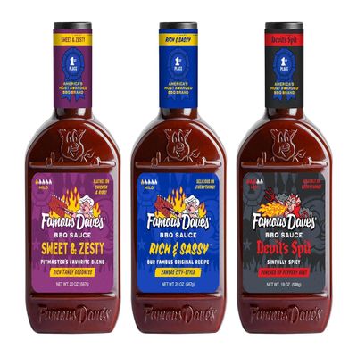 Famous Dave's BBQ Variety Pack With Devil's Spit, Sweet & Zesty and Rich & Sassy, Grill, Smoke, Bake, 20 Ounce 3-Pack