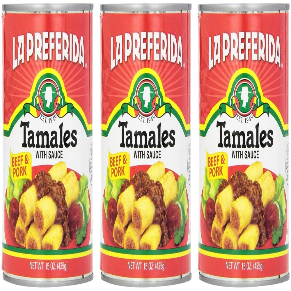 La Preferida Beef & Pork Tamales (Hearty Mexican Canned Tamales in Red Sauce) No Artificial Colors or Preservatives, Just Heat and Enjoy, 15oz (Pack of 24)