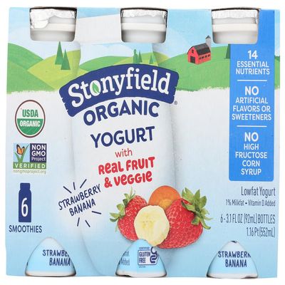 Stonyfield Organic YoKids sMOOthie Lowfat Yogurt Strawbana 6/3.1 OZ (Pack of 4)