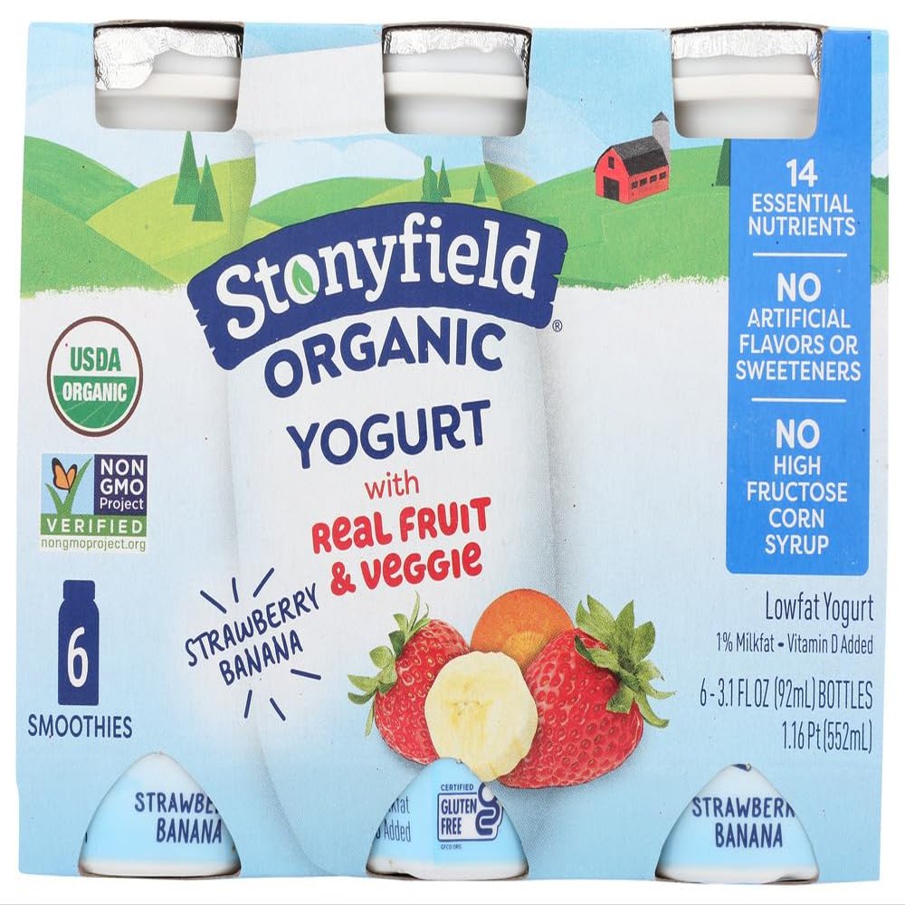 Stonyfield Organic YoKids sMOOthie Lowfat Yogurt Strawbana 6/3.1 OZ (Pack of 4)