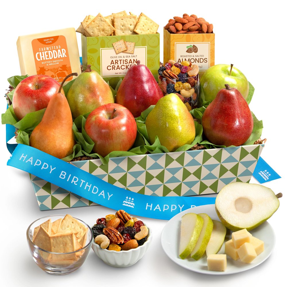 A Gift Inside Fruitfully Classic Happy Birthday Fresh Fruit Basket with Cheese and Nuts