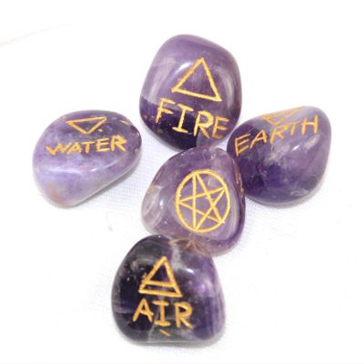 Jet Amethyst 5 Element Tumbled Stone Good Luck Engraved Symbols (Earth Air Fire Water Spirit) Polished Palm Stones for Gemstone Reiki Crystals Healing