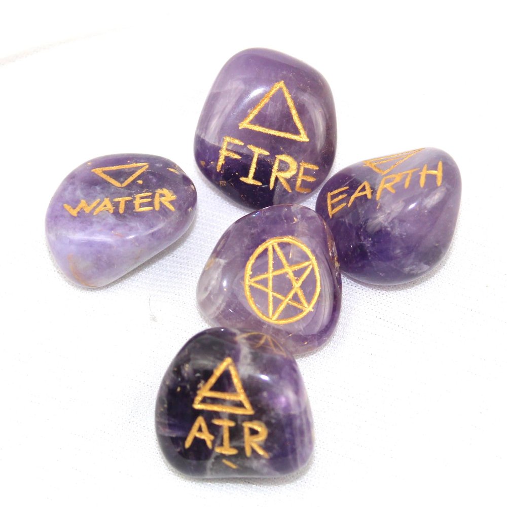 Jet Amethyst 5 Element Tumbled Stone Good Luck Engraved Symbols (Earth Air Fire Water Spirit) Polished Palm Stones for Gemstone Reiki Crystals Healing