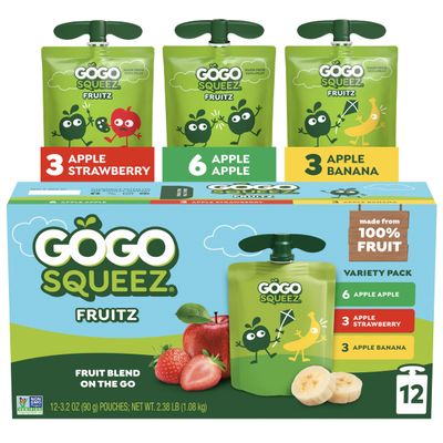 GoGo squeeZ Applesauce and Fruit Puree, Apple, Strawberry, & Banana, 3.2 oz (Pack of 12), Unsweetened Fruit Snacks for Kids, Gluten Free, Nut Free and BPA Free Pouches (Packaging May Vary)