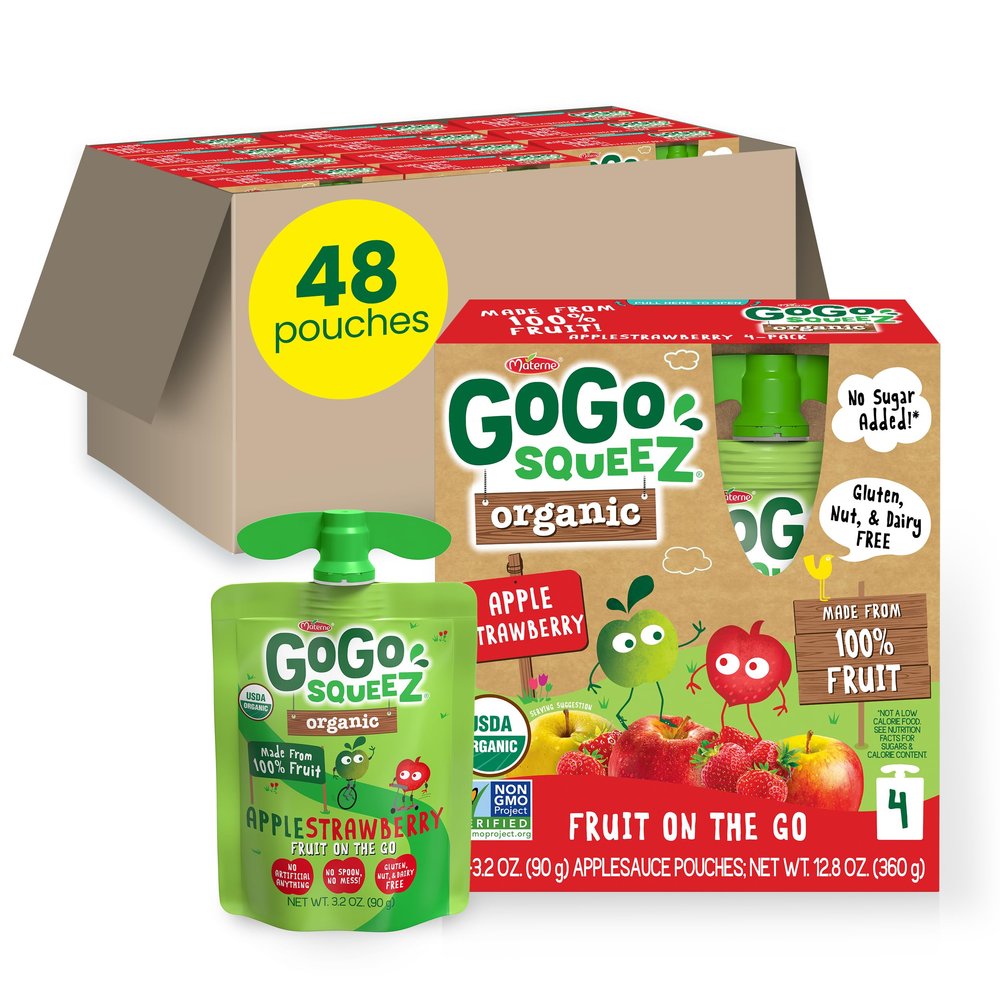 GoGo squeeZ Organic Applesauce and Fruit Puree Apple Strawberry, 3.2 oz (Pack of 48), Unsweetened Organic Fruit Snacks for Kids, Gluten Free, Nut Free and Dairy Free, Recloseable Cap, BPA Free Pouches