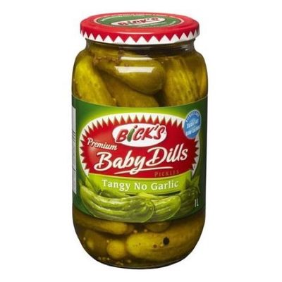 Bicks Tangy No Garlic Baby Dills Pickles, 1L/33.81 fl.oz, Imported from Canada}