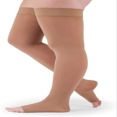 Mediven Assure 2030 mmHg Thigh High Compression Stockings Open Toe Semi-Opaque Support Hosiery for Women with Stay-Up Silicone Top Band, Durable Knit Fabric, Everyday Wear, Travel & Long-Hour Comfort, Small, Petite, Beige