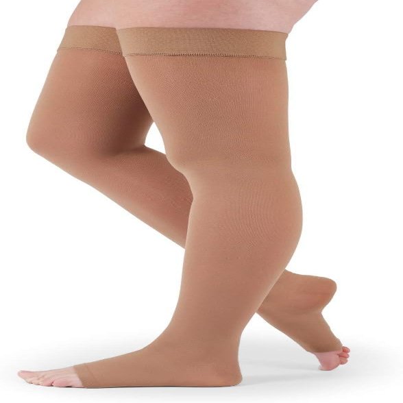 Mediven Assure 2030 mmHg Thigh High Compression Stockings Open Toe Semi-Opaque Support Hosiery for Women with Stay-Up Silicone Top Band, Durable Knit Fabric, Everyday Wear, Travel & Long-Hour Comfort, Small, Petite, Beige