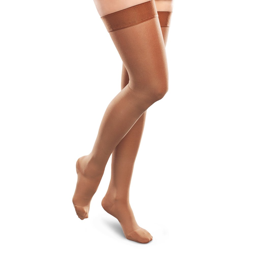 Ease Opaque Women's Support Thigh High Stockings - 15-20mmHg Mild Compression Nylons (Bronze, Small Long)
