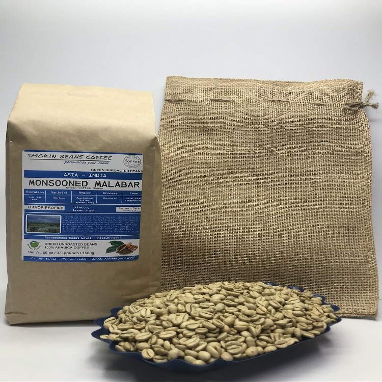 3.5-Pound India Monsooned Malabar Unroasted Green Arabica Coffee Beans Fresh Current Crop Specialty Grade Roast the Beans Yourself at Home on Your Roasting Equipment Prior to Using for Brewing Coffee