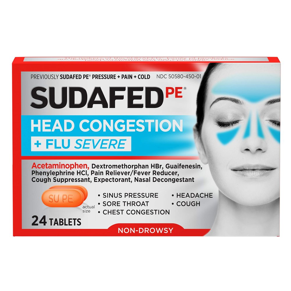 Johnson & Johnson Sudafed PE Head Congestion + Flu Severe Decongestant Tablets for Adults, 24 ct