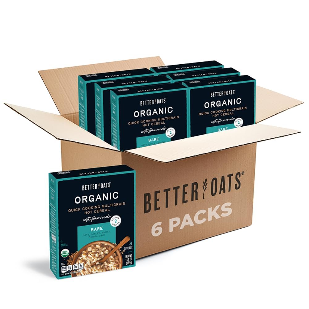 Better Oats Bare Organic Multigrain Hot Cereal Packets, Instant Oatmeal, Thick and Hearty Texture, USDA Organic, Box of 8 Pouches (Pack of 6)