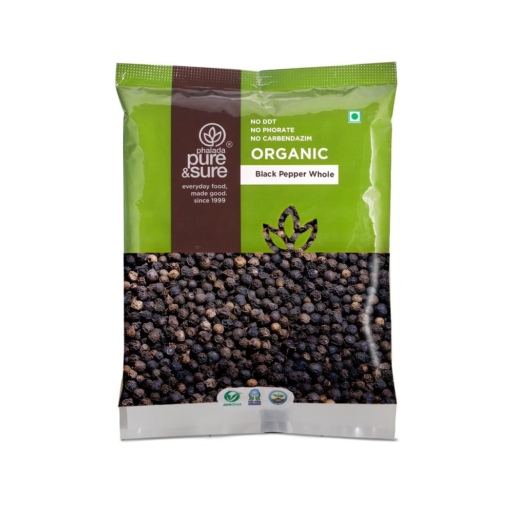 Pure & Sure Organic Black Pepper | Whole Spices for Cooking | Premium Quality, Non-GMO, Suitable for Vegetarians | 100gm