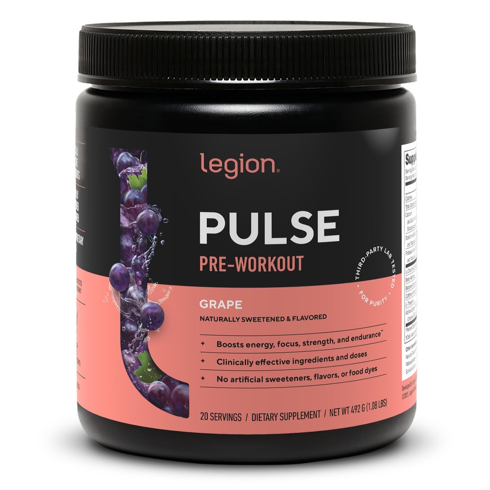 LEGION Pulse Pre Workout - All Natural Nitric Oxide Preworkout Drink to Boost Energy, Creatine Free, Naturally Sweetened, Beta Alanine, Citrulline, Alpha GPC (Grape)