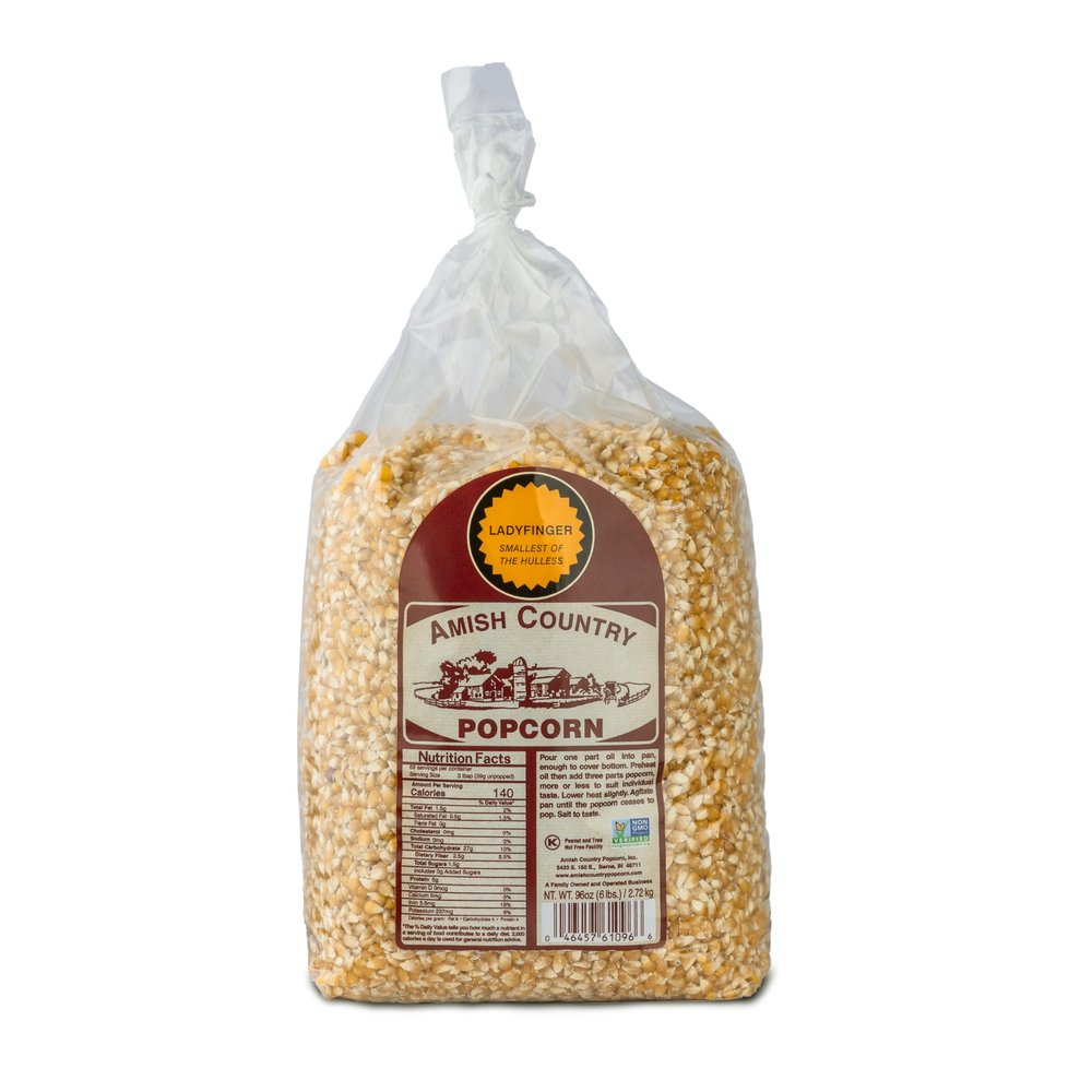 Amish Country Popcorn Ladyfinger Popcorn Kernels, 6LB Bag  Non-GMO, Gluten Free, Hulless, Old Fashioned Popcorn